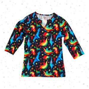 Svaha Rainbowsaurus Split Neck Tunic Top 3/4 Sleeve Colorful Dinosaur Tee Size S